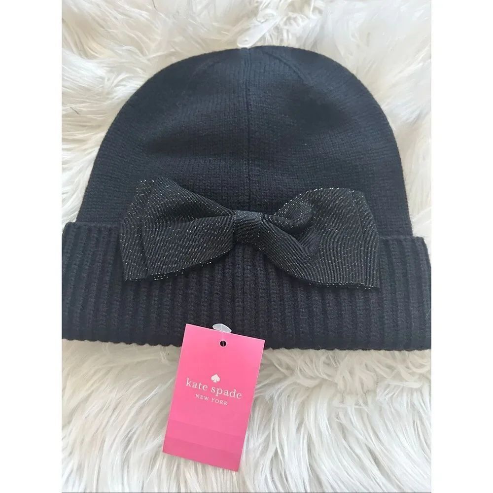 Kate Spade beanie hat wool mix with a black shiny bow  NEW